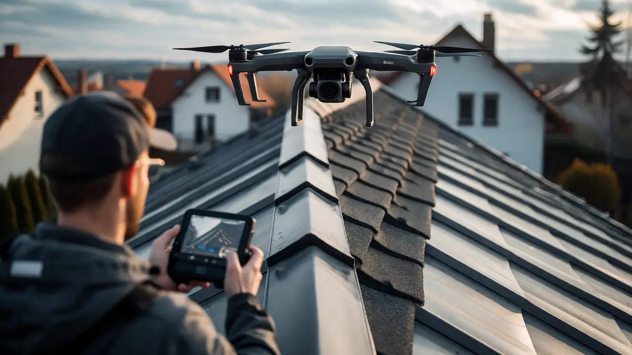 Profesionál ovládá dron pro bezkontaktní kontrolu stavu střechy rodinného domu