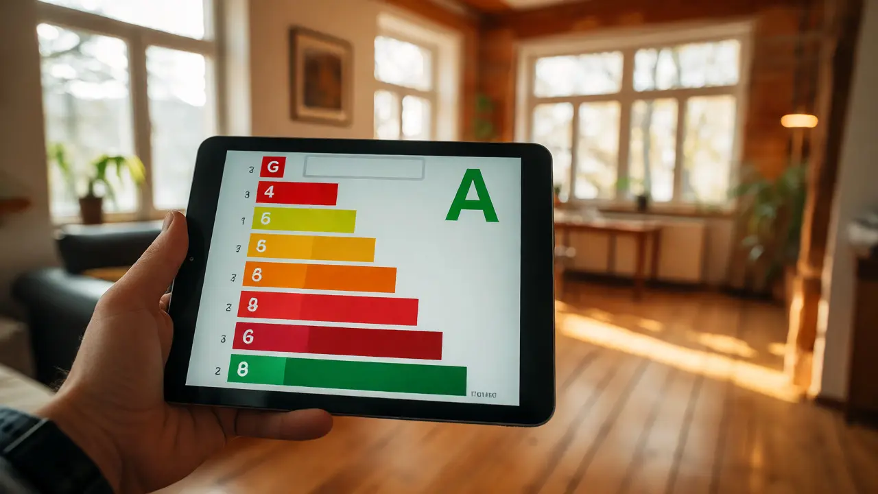 Ruka drží tablet s energetickým štítkem třídy A v renovovaném interiéru