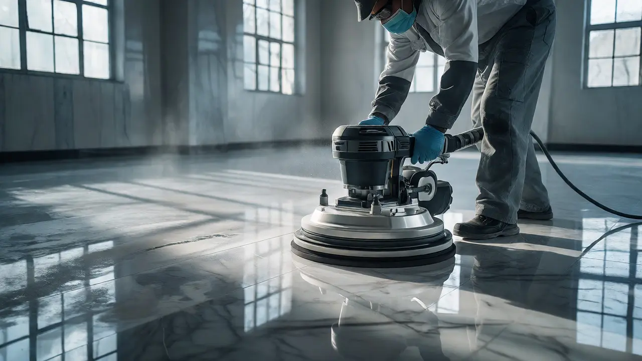 Specialist polishing a marble floor with a diamond grinding machine during renovation.