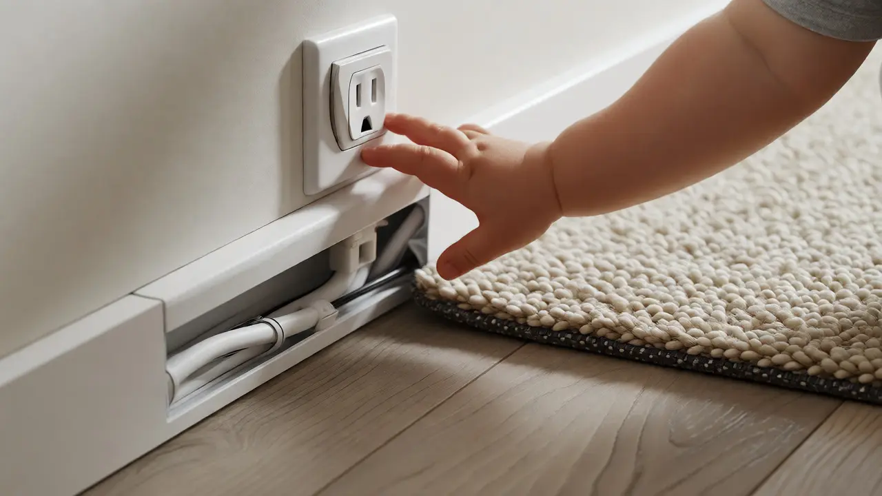 Zabezpečená zásuvka a skryté kabely na protiskluzové podlaze.