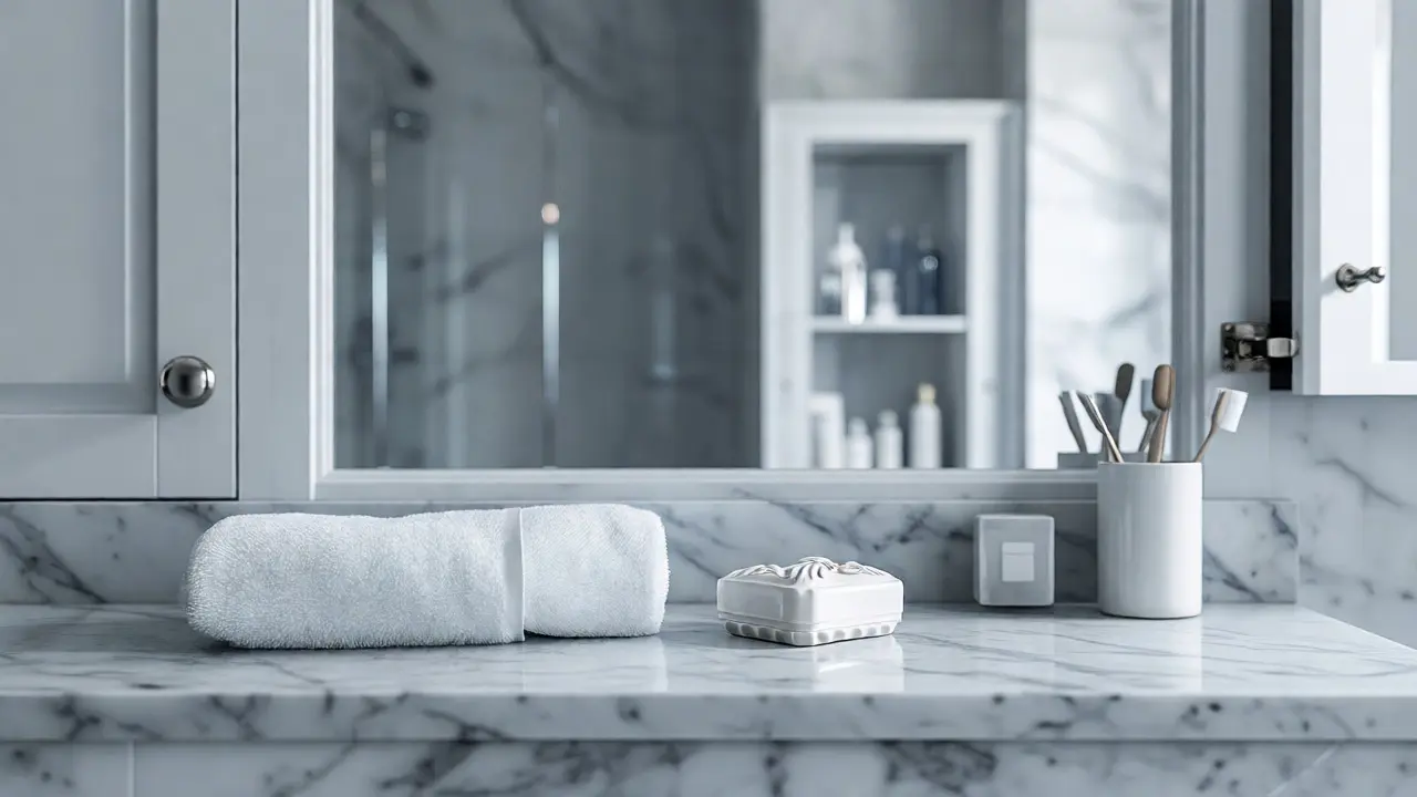 Čistá koupelnová linka s jedním ručníkem jako ukázka home stagingu