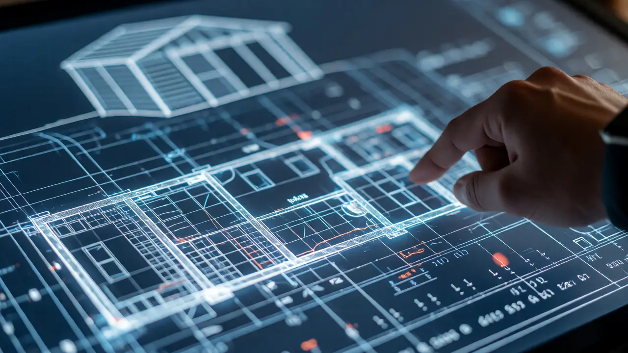 Detailní pohled na digitální BIM model budovy s datovými metrikami