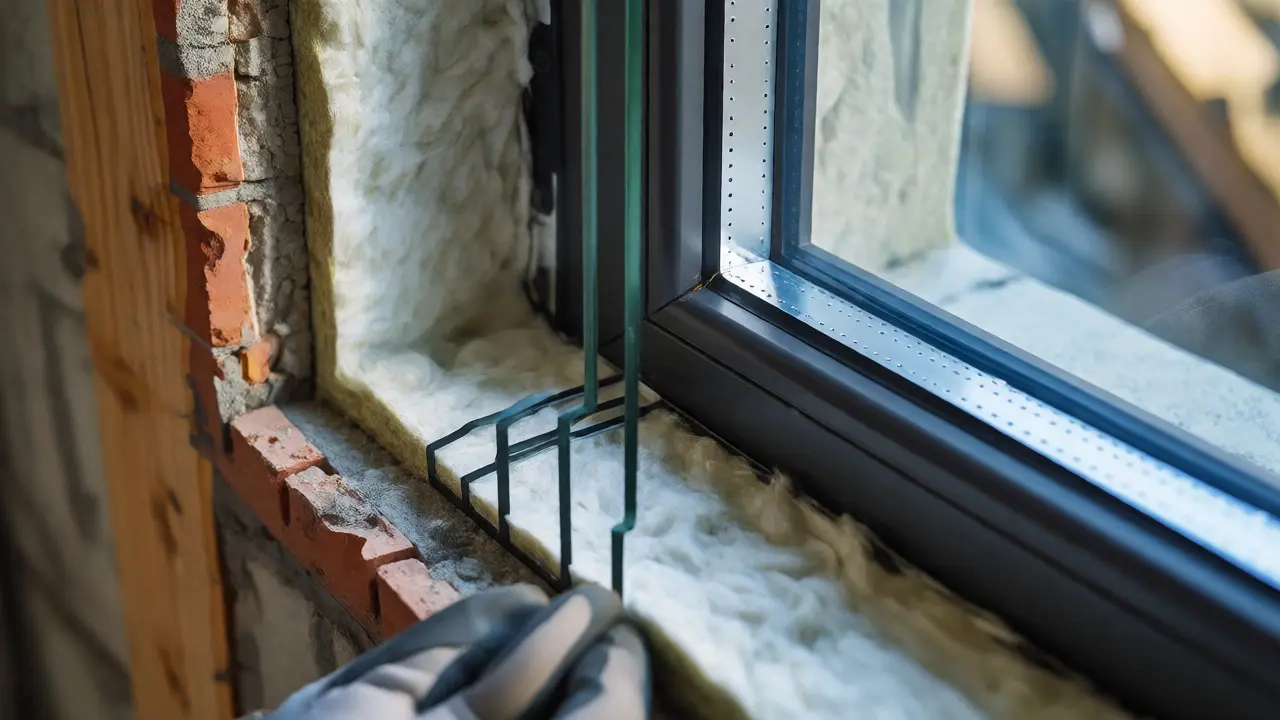 Detailní pohled na montáž izolační vrstvy a nových oken ve stěně domu