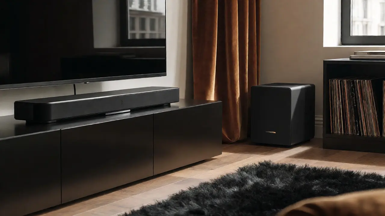 Elegantní soundbar a bezdrátový subwoofer v akusticky upraveném interiéru s měkkými doplňky.