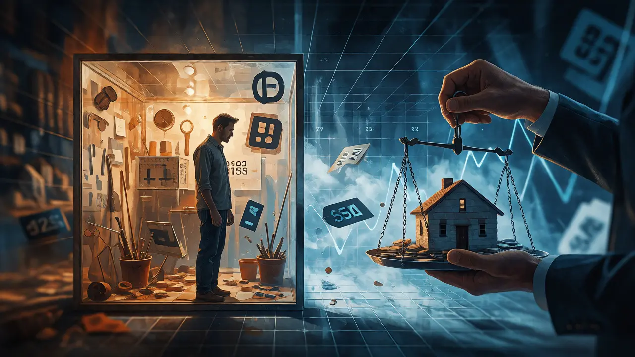 Konceptuální ilustrace emocí a tržní hodnoty při prodeji domu.