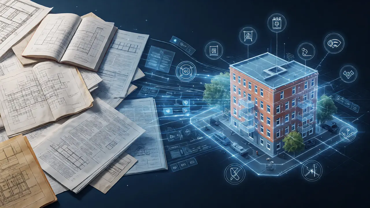 Konceptuální ilustrace přechodu od tištěné dokumentace k digitálnímu BIM modelu.