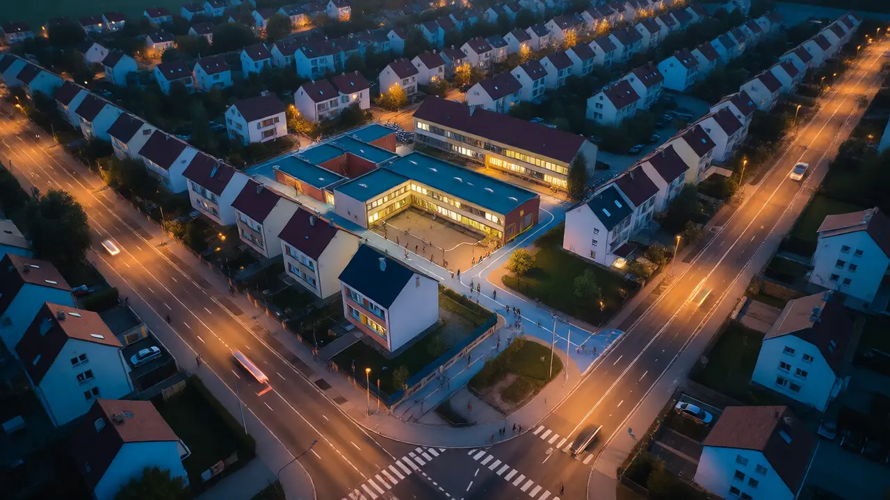 Pohled z dronu na čtvrť se školou a rodiči vedoucími děti ráno.
