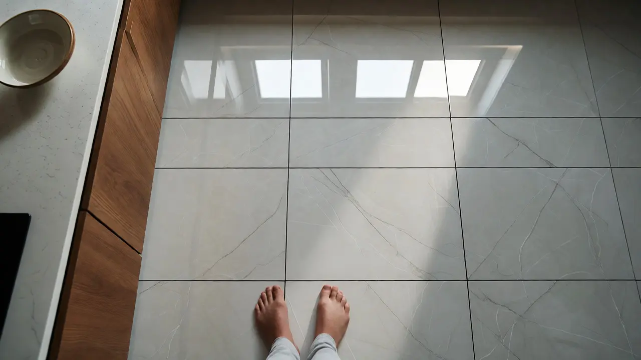 Porcelánová dlažba s epoxidovou fugou v moderní hygienické kuchyni