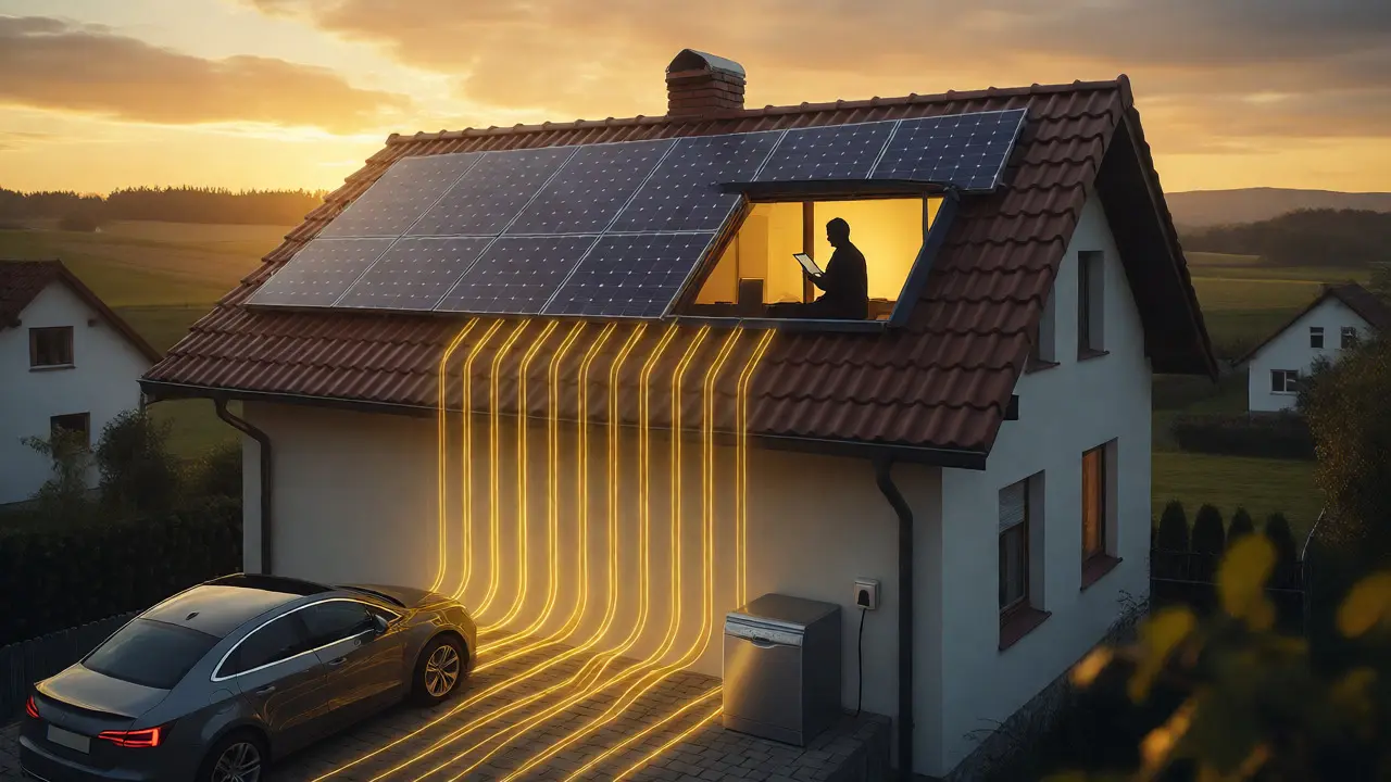 Solární panely na střeše dodávají energii do připojených spotřebičů a elektromobilu.