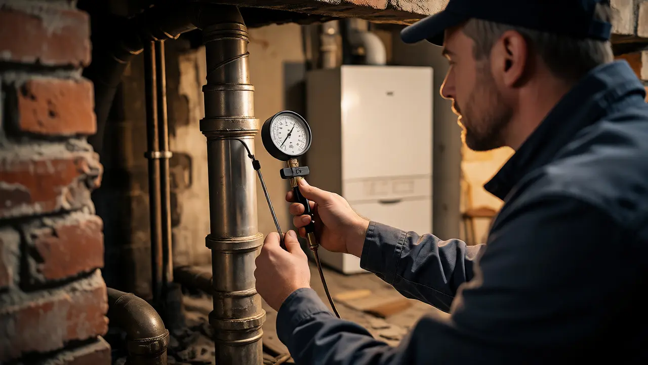 Technik měří tah komína přístrojem v kotelně